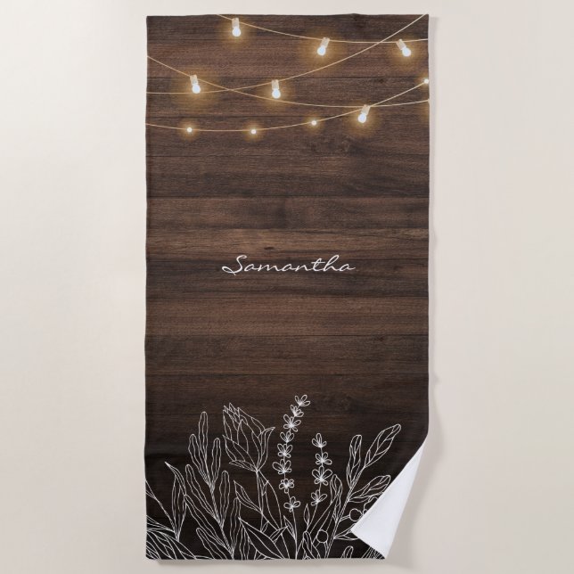 Rustic String Lights Wood Pattern Beach Towel (Front)