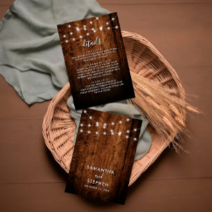 Rustic String Lights & Wood Wedding Details Enclosure Card