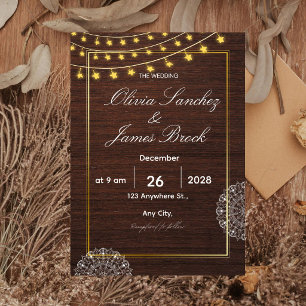 Rustic String Lights Wood Wedding Invitation, Boho Invitation