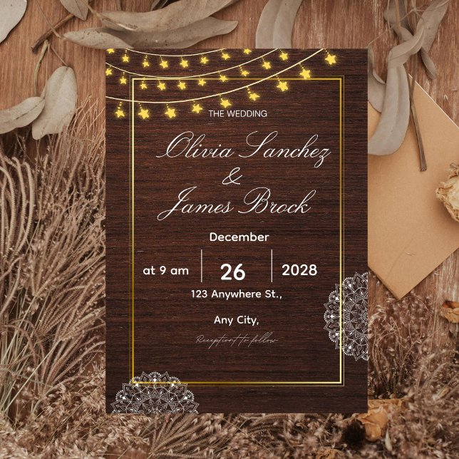 Rustic String Lights Wood Wedding Invitation, Boho Invitation (Creator Uploaded)