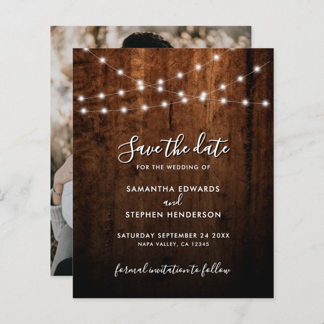 Rustic String Lights & Wood Wedding Save The Date (Front/Back)