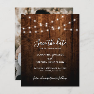 Rustic String Lights & Wood Wedding Save The Date