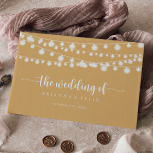 Rustic String Lights Yellow Calligraphy Wedding  Guest Book