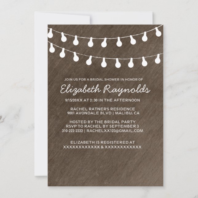 Rustic String of Lights Bridal Shower Invitations (Front)