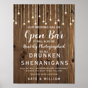 Rustic String of lights Open Bar wedding sign