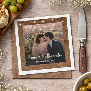Rustic string of lights photo wedding napkin