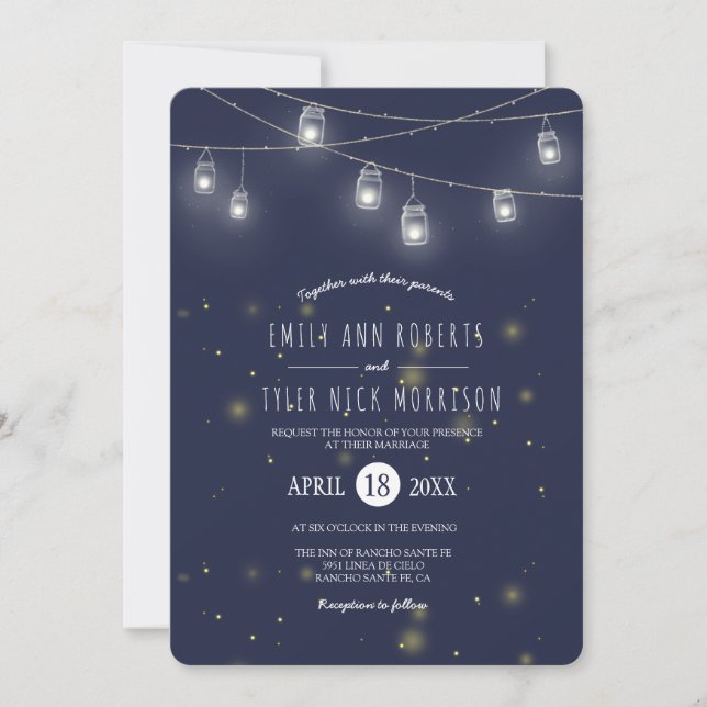 Rustic Strings of Mason Jars Fireflies Wedding Invitation (Front)