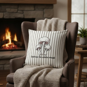 Rustic Striped Cushion with Mushrooms