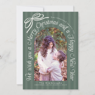Rustic Striped Green Ivory Bow Photo Holiday Card