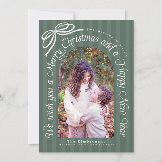 Rustic Striped Green Ivory Bow Photo Holiday Card (Front)