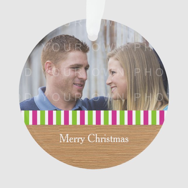 Rustic Stripes Holiday Photo Acrylic Ornament (Front)