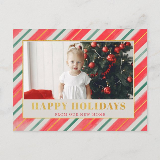 Rustic Stripes Red and Green We've Moved Photo  Ho Holiday Postcard (Front)