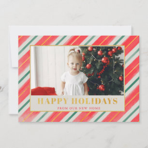 Rustic Stripes Red and Green We've Moved Photo Holiday Card