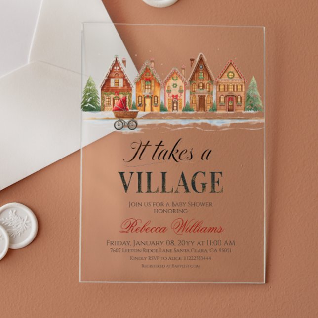 Rustic Stroller Village Houses Winter Baby Shower Acrylic Invitations (Creator Uploaded)