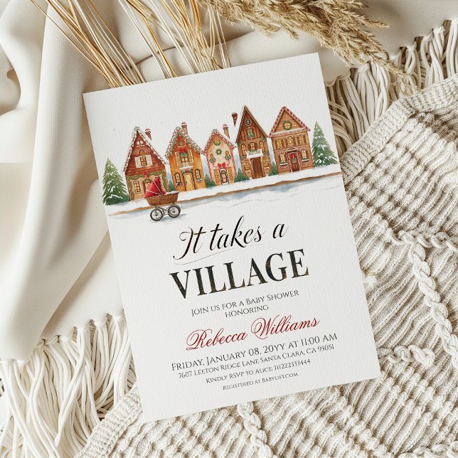 Rustic Stroller Village Houses Winter Baby Shower Invitation (Creator Uploaded)