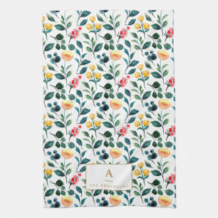 Rustic Stylish Yellow Watercolor Flowers Monogram Tea Towel