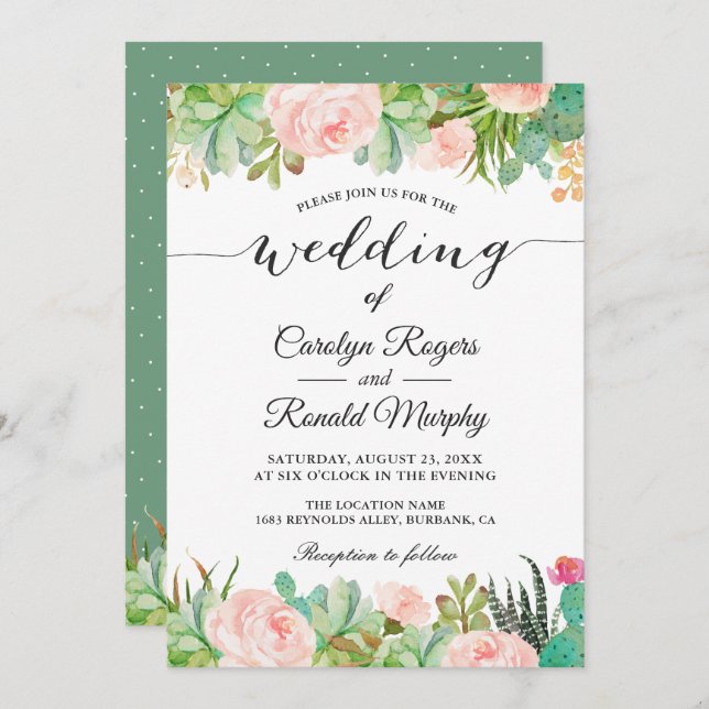 Rustic Succulent Cactus Blush Green Floral Wedding Invitation (Front/Back)