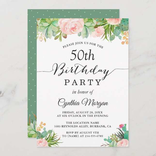 Rustic Succulent Cactus Floral 50th Birthday Party Invitation (Front/Back)