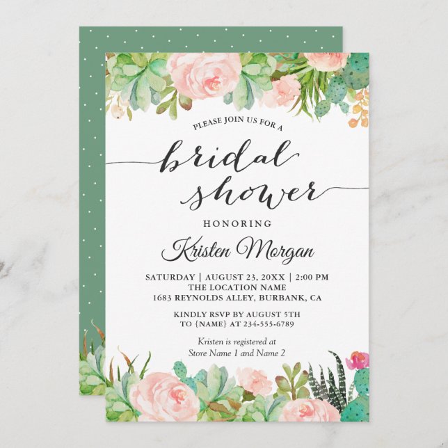 Rustic Succulent Cactus Floral Bridal Shower Invitation (Front/Back)
