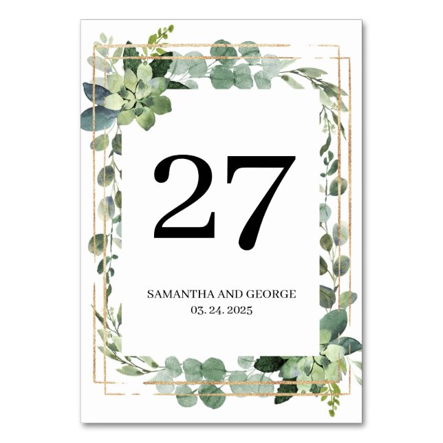 Rustic succulent greenery foliage gold wedding table number (Front)