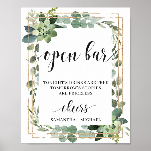Rustic succulent greenery foliage open bar sign (Front)