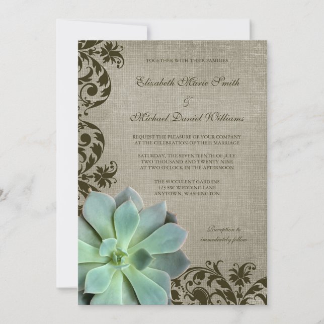 Rustic Succulents Brown Swirls Wedding Invitation (Front)