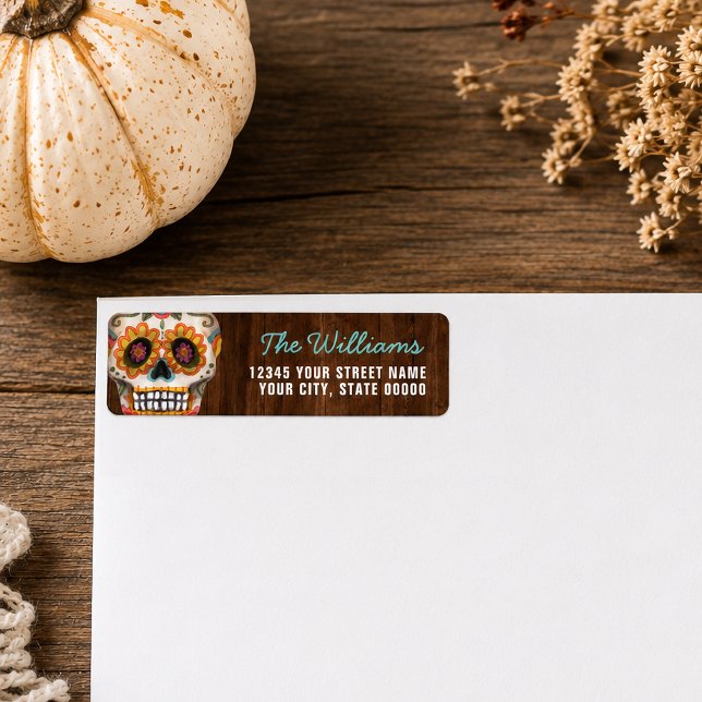 Rustic Sugar Skull Day of the Dead Halloween (Send out festive seasonal mail with this rustic sugar skull Day of the Dead Halloween design. )