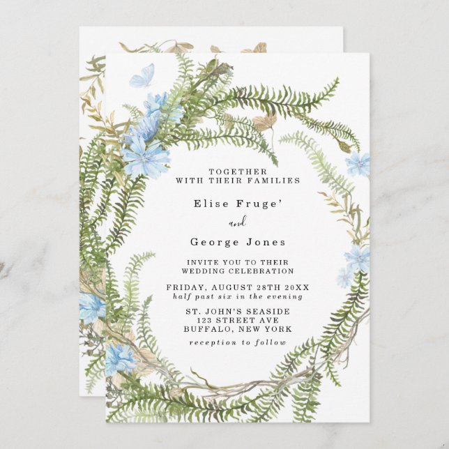 Rustic Summer Fern Wreath Butterfly Wedding Invita Invitation (Front/Back)