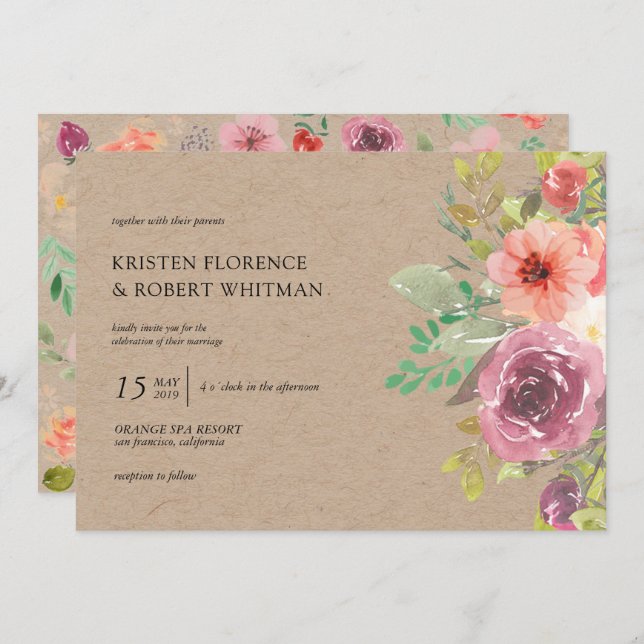 Rustic Summer Floral Kraft Wedding Invitation (Front/Back)