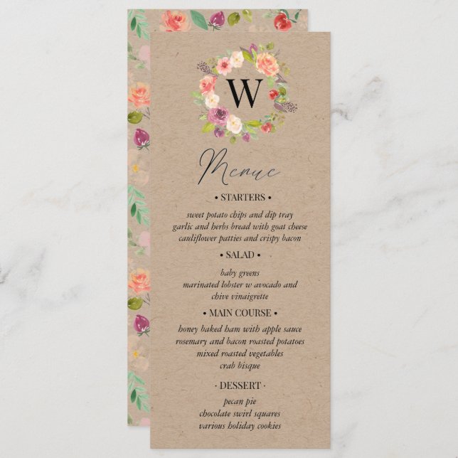 Rustic Summer Floral Wedding Menu card (Front/Back)