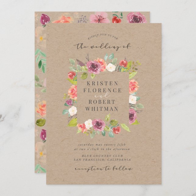 Rustic Summer Floral Wreath Wedding Invitation (Front/Back)