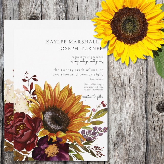 Rustic Summer Sunflowers & Burgundy Floral Invitation (Creator Uploaded)