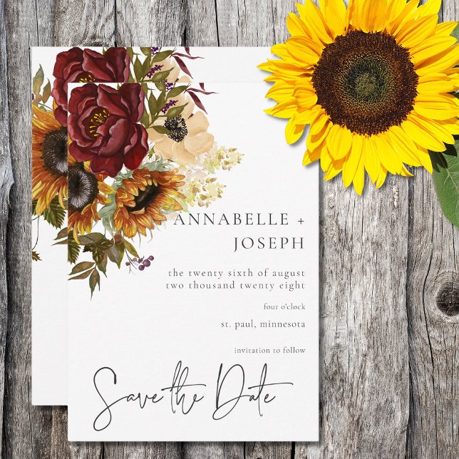 Rustic Summer Sunflowers & Burgundy Floral Save The Date (Creator Uploaded)