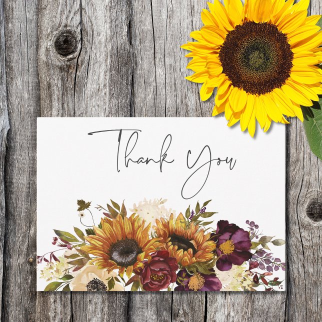 Rustic Summer Sunflowers & Burgundy Floral Wedding Thank You Card (Creator Uploaded)