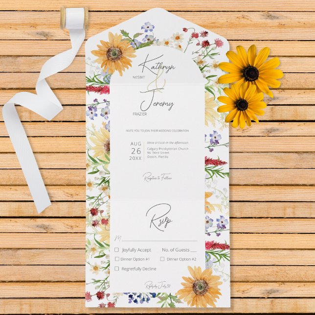 Rustic Summer Wildflowers Sunflowers White Dinner All In One Invitation (Creator Uploaded)