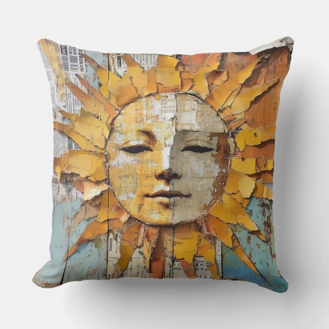 Rustic Sun Face, vintage vibe, country style,  Cushion (Front)