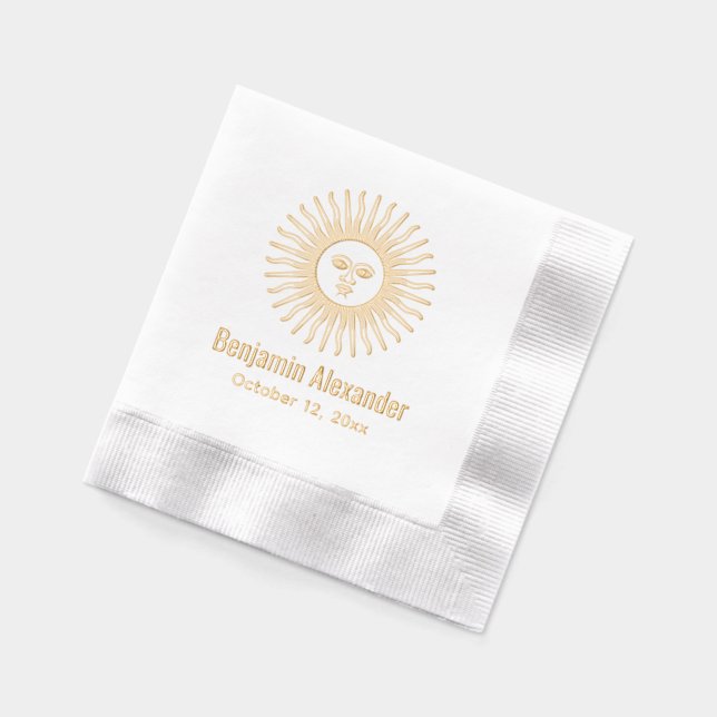 Rustic Sun Rays with Face Name Date Foil Napkins (Left)