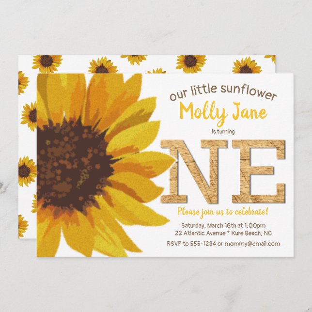 Rustic Sunflower 1st Birthday Girl Invitation (Front/Back)