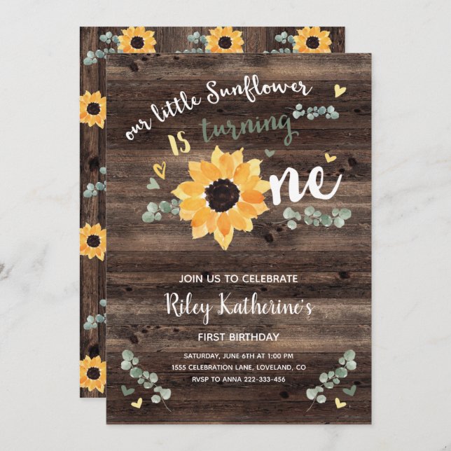 Rustic Sunflower 1st Birthday Invitation (Front/Back)
