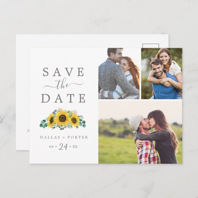 Rustic Sunflower 3 Photo Collage Save the Date Invitation Postcard (Front/Back)