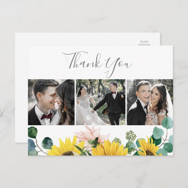 Rustic Sunflower 3 Photo Wedding Thank You Postcard (Front/Back)