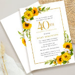 Rustic Sunflower 40th Birthday Party Invitation<br><div class="desc">Pretty yellow sunflower floral 40th birthday party invitation. Yellow peonies and white daisies mingle with the sunflowers. A rectangular gold frame gives it an elegant vibe. 40th Birthday Celebration and the celebrant's name are written in gold. Very easy to customise. That back is white with a sunflower bouquet. This is...</div>