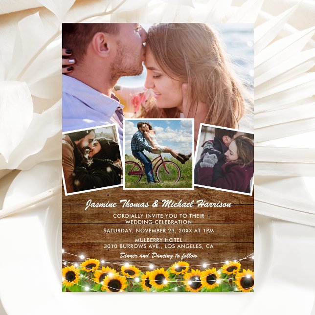 Rustic Sunflower 4 Photo Wedding Invitation (Creator Uploaded)