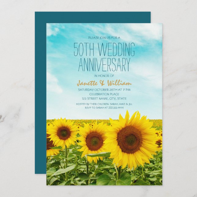 Rustic Sunflower 50th Wedding Anniversary Floral Invitation (Front/Back)