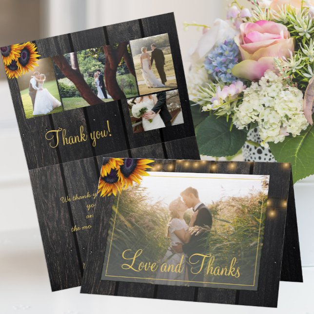 Rustic sunflower 5 photo collage wedding thank you (Creator Uploaded)