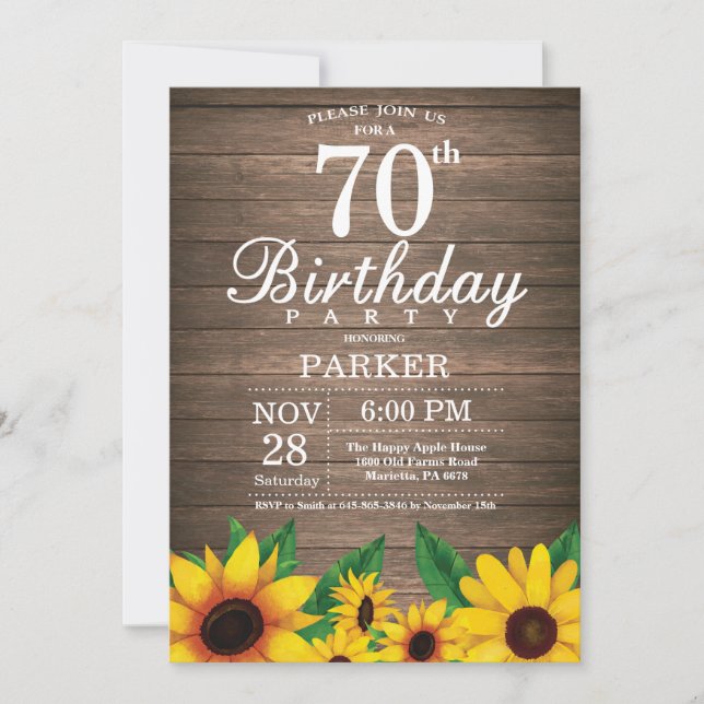 Rustic Sunflower 70th Birthday Invitation (Front)