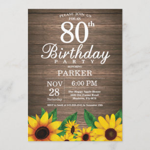 Rustic Sunflower 80th Birthday Invitation