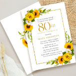 Rustic Sunflower 80th Birthday Party Invitation<br><div class="desc">Pretty yellow sunflower floral 80th birthday card. Yellow peonies and white daisies mingle with the sunflowers. A rectangular gold frame gives it an elegant vibe. 80th Birthday Celebration and the celebrant's name are written in gold. Very easy to customise. That back is white with a sunflower bouquet. This is a...</div>