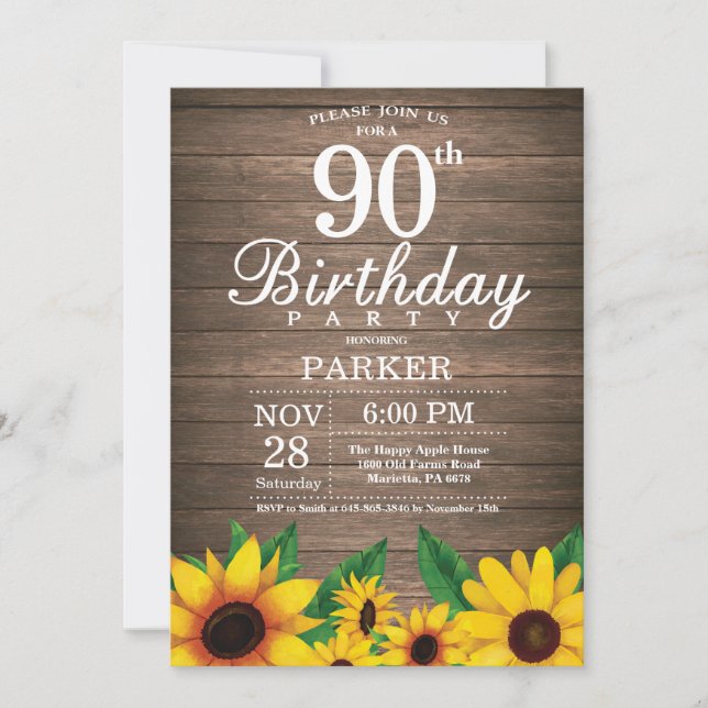 Rustic Sunflower 90th Birthday Invitation (Front)