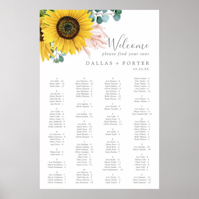 Rustic Sunflower Alphabetical Seating Chart (Front)